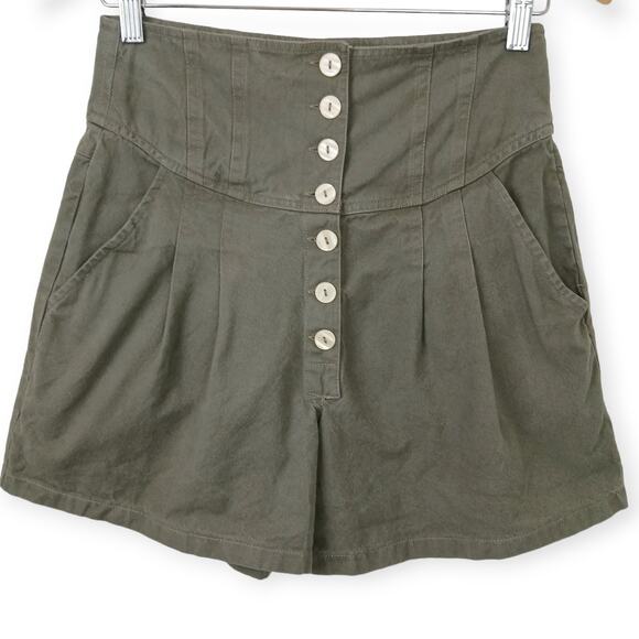 Free People SZ 00 100% Cotton Olive Green High Rise Button Front Shorts - Picture 2 of 7